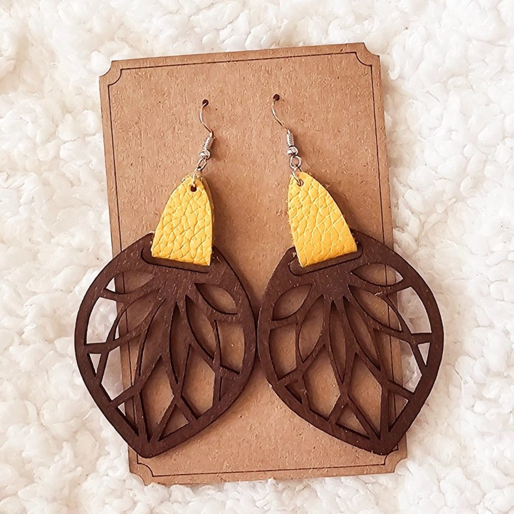 5/$25 Laser Engraved Wooden Leaf Design with Yellow Leather Earrings